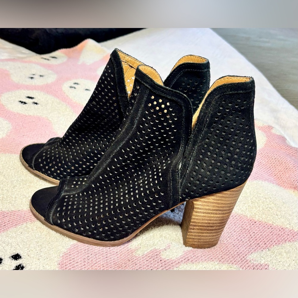 Lucky Brand Black Perforated Suede Peep-Toe Ankle Booties